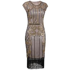 Women's Vintage 1920s Style Gold Cap Sleeve Sequin Fringe Flapper Dress N14886