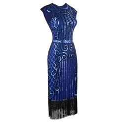 Women's Vintage 1920s Style Blue Cap Sleeve Sequin Fringe Flapper Dress N14887
