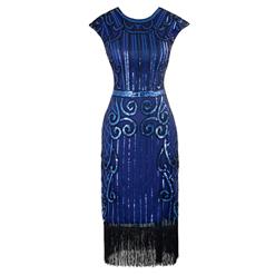 Women's Vintage 1920s Style Blue Cap Sleeve Sequin Fringe Flapper Dress N14887