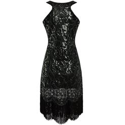 Women's Vintage 1920s Round Neck Sleeveless Sequined Tassels Gatsby Flapper Dress N14888