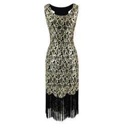 Women's Vintage 1920s Round Neck Sleeveless Sequined Tassels Gatsby Flapper Dress N14889