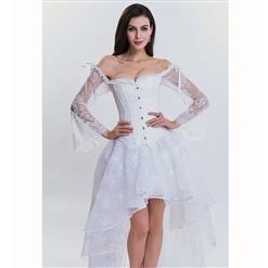 Women's Fashion Plastic Boned White Overbust Long Floral Lace Sleeve Corset Organza Skirt Set N14910