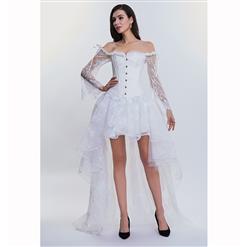 Women's Fashion Plastic Boned White Overbust Long Floral Lace Sleeve Corset Organza Skirt Set N14910