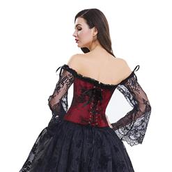 Women's Fashion Plastic Boned Red Overbust Corset with Long Floral Lace Sleeve N14918