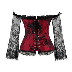 Women's Fashion Plastic Boned Red Overbust Corset with Long Floral Lace Sleeve N14918