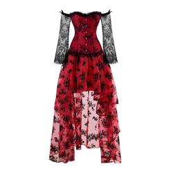 Women's Fashion Plastic Boned Red Overbust Long Floral Lace Sleeve Corset Organza Skirt Set N14920