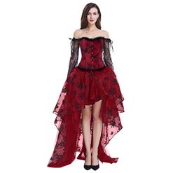 Women's Fashion Plastic Boned Red Overbust Long Floral Lace Sleeve Corset Organza Skirt Set N14920