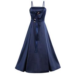 Women's Royalblue Satin Spaghetti Straps A-Line Midi Dresses N14936