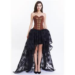 Women's Vintage Floral Embroidery Corset High-low Organza Skirt Set N14953