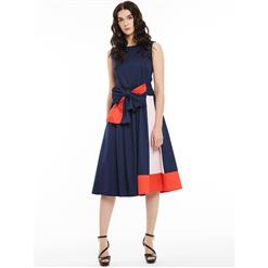 Women's Round Neck Sleeveless Color Block Bowknot A-Line Day Dresses N14954