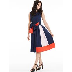 Women's Round Neck Sleeveless Color Block Bowknot A-Line Day Dresses N14954