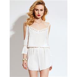 Rompers for Womens, Plain Jumpsuits for Women, Spaghetti Strap Rompers, Sexy V Neck Rompers, Jumpsuit Romper, Fashion Jumpsuit, White Rompers, #N14955
