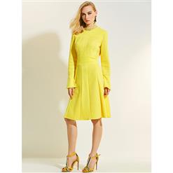 Fashion Yellow Hollow Stand Collar Long Sleeve Patchwork Women' Day Dress N14958