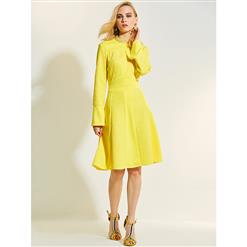 Fashion Yellow Hollow Stand Collar Long Sleeve Patchwork Women' Day Dress N14958