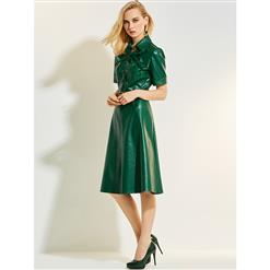 Fashion Green Lapel Short Sleeves Lace Up A-line Women's Day Dress N14959