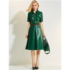 Fashion Green Lapel Short Sleeves Lace Up A-line Women's Day Dress N14959