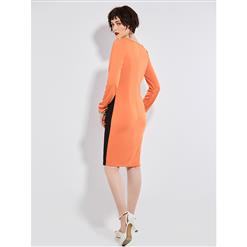 Women's Round Neck Long Sleeves Color Block Day Dresses N14961