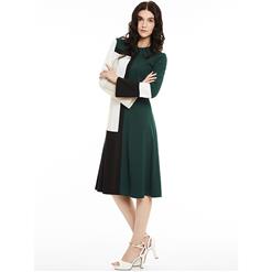 Women's Round Neck Long Sleeve Color Block A-Line Mid-Calf Day Dresses N14963