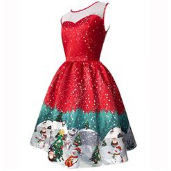 Women's Round Neck Sleeveless Printed Flared Cocktail Party Christmas Dress N14992
