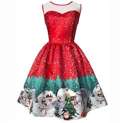 Sleeveless Christmas Dress, Christmas Swing Dress, Christmas Party Tea Cocktail Dress, Floral Print Dress, Christmas Gifts Dress, #N14992