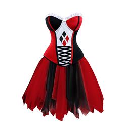 Women's Underwire Cup Plastic Boned Clown Corset Tulle Petticoat Set Halloween Costume N15017