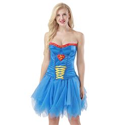 Women's Underwire Cup Plastic Boned Superwoman Corset Tulle Petticoat Set Halloween Costume N15018