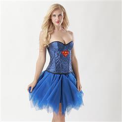 Women's 8 Plastic Boned Sequined Superwoman Corset Tulle Petticoat Set Halloween Costume N15021