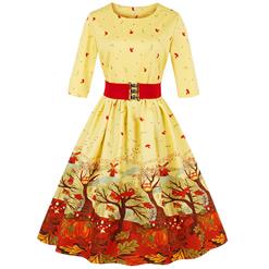 Women's Vintage Round Neck Half Sleeve Autumn Scenery Print Party Christmas Dress N15030