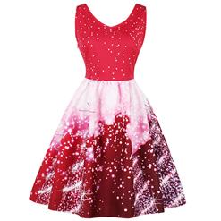 Women's V Neck Sleeveless Christmas Tree Printed Flared Cocktail Party Dress N15031