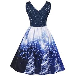 Women's V Neck Sleeveless Christmas Tree Printed Flared Cocktail Party Dress N15032
