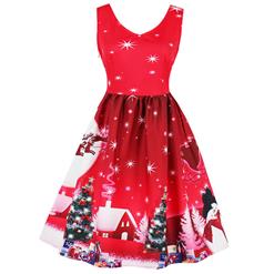 Sleeveless Christmas Dress, Christmas Swing Dress, Christmas Party Tea Cocktail Dress, Floral Print Dress, Christmas Gifts Dress, #N15036