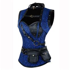 Steampunk Gothic Vintage Blue and Black Steel Boned Corset with Coat N15045