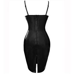Sexy Black Sleeveless V Neck Strapy Bodycon Latex Club Mini Plus Size Dress N15046