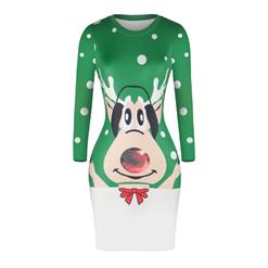 Women's Christmas Round Neck Long Sleeve Cartoon Reindeer Print Bodycon Dress N15079