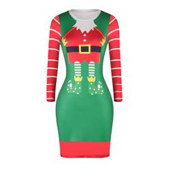 Women's Christmas Round Neck Long Sleeve Cartoon Santa Claus Print Bodycon Dress N15080