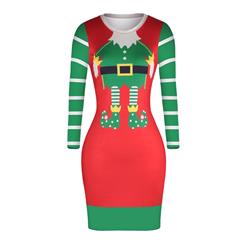Women's Christmas Dress, Bodycon Christmas Dress, Long Sleeve Christmas Dress, Womens Christmas Deer Print Dress, Round Neck Midi Dress, #N15081