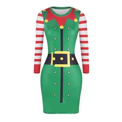 Women's Christmas Dress, Bodycon Christmas Dress, Long Sleeve Christmas Dress, Womens Christmas Deer Print Dress, Round Neck Midi Dress, #N15083