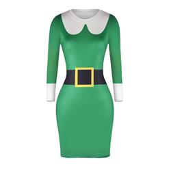 Women's Christmas Dress, Bodycon Christmas Dress, Long Sleeve Christmas Dress, Womens Christmas Deer Print Dress, Round Neck Midi Dress, #N15087