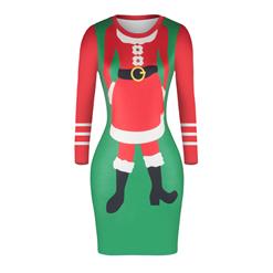 Women's Christmas Round Neck Long Sleeve Printed Bodycon Dress N15088