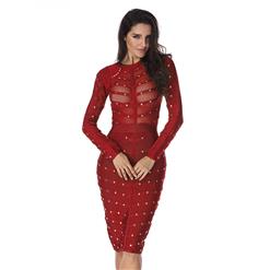 Women's Sexy Mesh Long Sleeve Metal Studded Bodycon Bandage Party Dress N15134