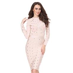 Women's Sexy Mesh Long Sleeve Metal Studded Bodycon Bandage Party Dress N15136