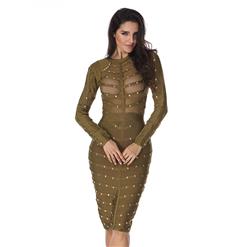 Women's Sexy Mesh Long Sleeve Metal Studded Bodycon Bandage Party Dress N15137