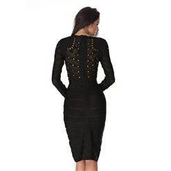 Women's Sexy Mesh Long Sleeve Metal Studded Bodycon Bandage Party Dress N15138