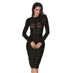 Women's Sexy Mesh Long Sleeve Metal Studded Bodycon Bandage Party Dress N15138