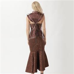 Women's Vintage Brown Steel Boned Faux Leather Jacquard Underbust Corset Skirt Set N15140