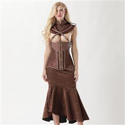 Women's Vintage Brown Steel Boned Faux Leather Jacquard Underbust Corset Skirt Set N15140
