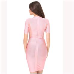 Women's Elegant Short Sleeve High Neck Mesh Panel Bodycon Bandage Party Dress N15212
