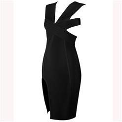 Women's Sexy Sleeveless Deep V Neck Cut-out Backless Slit Bodycon Party Dress N15224