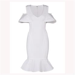 Women's Elegant Cold Shoulder V Neck Ruffle Midi Bodycon Party Dress N15235