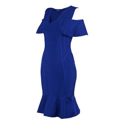 Women's Elegant Cold Shoulder V Neck Ruffle Midi Bodycon Party Dress N15236